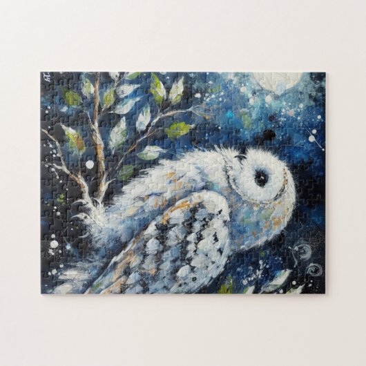 Weißes Owl am Zweig in der Mondlichtmalerei Puzzle (Horizontal)