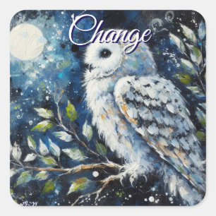 Weißes Owl am Zweig in der Mondlichtmalerei Quadratischer Aufkleber