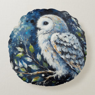 Weißes Owl am Zweig in der Mondlichtmalerei Rundes Kissen