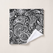 Weißes Paisley-Muster auf schwarzem Hintergrund Badhandtuch Set (Waschlappen)