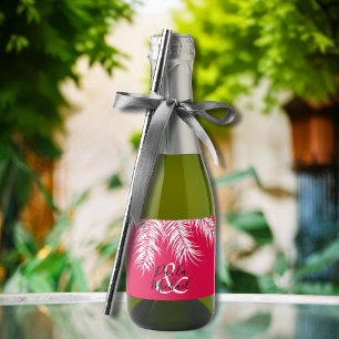 Weißes Palm Tree Fronds auf tropischem Hot PInk Mi Schaumweinetikett