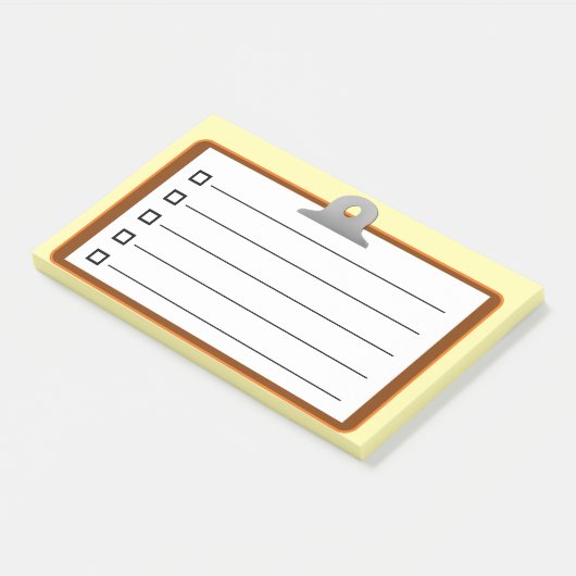 Weißes Papier mit brauner Zwischenablage, Checklis Post-it Klebezettel (angewinkelt)