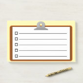 Weißes Papier mit brauner Zwischenablage, Checklis Post-it Klebezettel (Auf Schreibtisch)