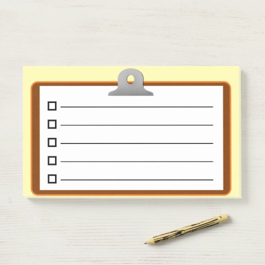 Weißes Papier mit brauner Zwischenablage, Checklis Post-it Klebezettel (Auf Schreibtisch)