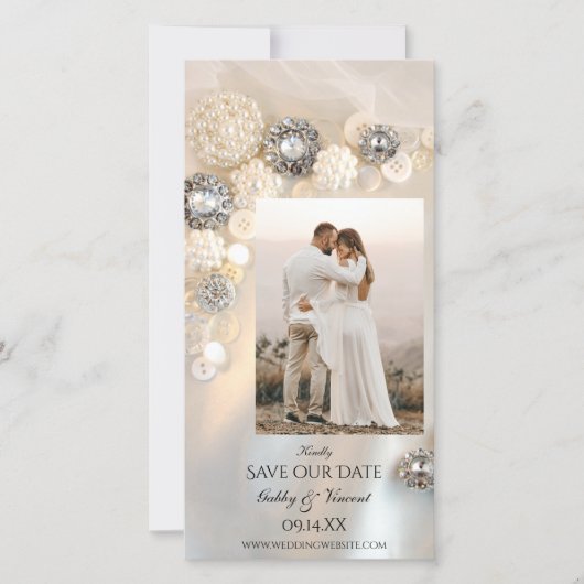 Weißes Perl-Diamanttasten Hochzeitsknöpfe speicher Save The Date (Vorderseite)