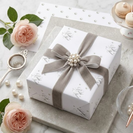 Weißes Perlen-Brautparty Geschenkpapier Set