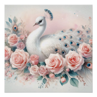 Weißes Pfau Rosa Roses Dekoupage Poster