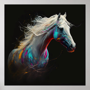 Weißes Pferd, Abstrakte Farben, Kunstdruckwand Poster