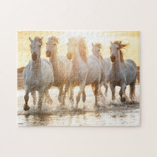Weißes Pferd am Strand bei Sonnenuntergang Puzzle
