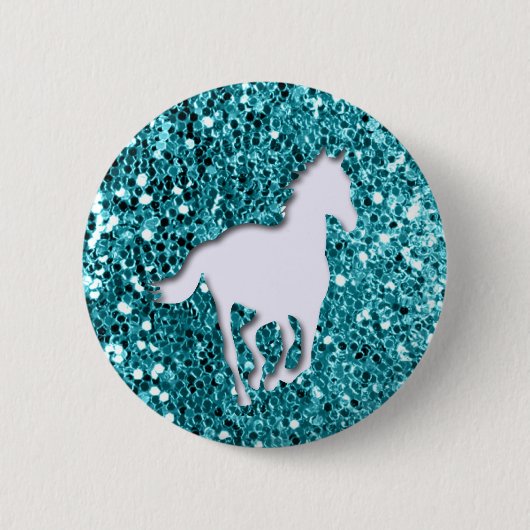Weißes Pferd auf Aqua-Glitzer-Blick Button (Vorderseite)