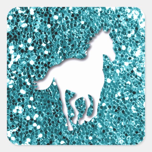 Weißes Pferd auf Aqua Glitzer Look Quadratischer Aufkleber (Vorderseite)