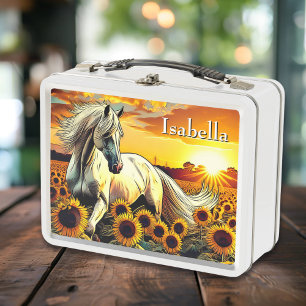 Weißes Pferd auf einem Feld von Sonnenblumen Perso Metall Brotdose