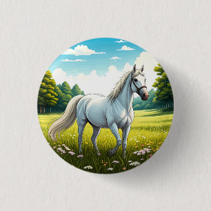 Weißes Pferd auf einer Wiese stehend Button