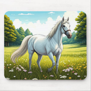 Weißes Pferd auf einer Wiese stehend Mousepad