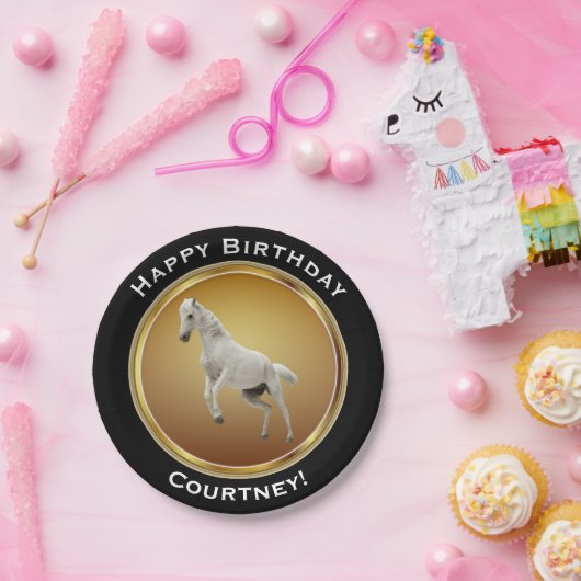 Weißes Pferd auf Imitat-Goldalles Gute zum Pappteller (Party)