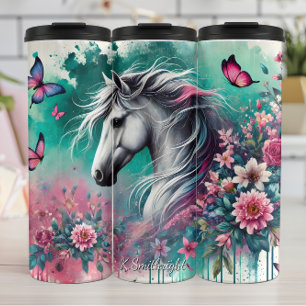 Weißes Pferd Floral Schmetterling Whimsy Thermosbecher