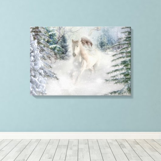 Weißes Pferd Galloping durch schneebedeckte Pine Leinwanddruck (Insitu (Holzboden))