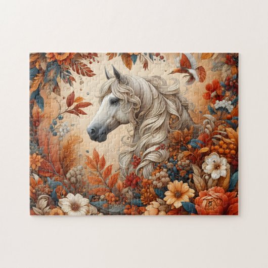 Weißes Pferd Herbstblumen Puzzle (Horizontal)