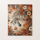 Weißes Pferd Herbstblumen Puzzle (Vertikal)