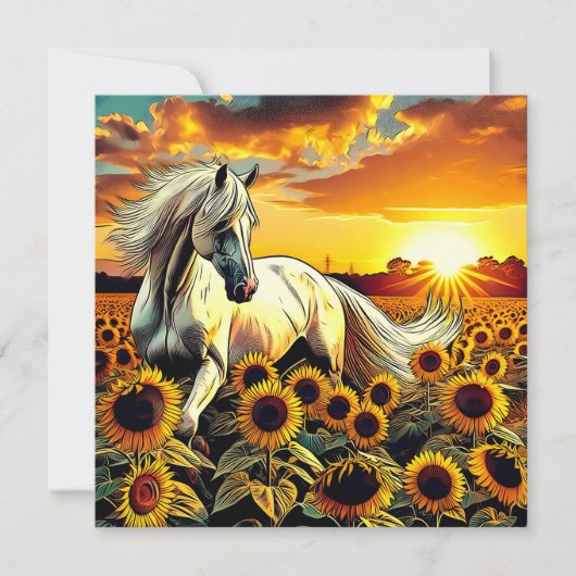 Weißes Pferd im Feld der Sonnenblumen bei Sonnenun (Vorderseite)