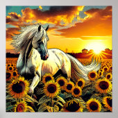 Weißes Pferd im Feld der Sonnenblumen bei Sonnenun Poster (Vorne)