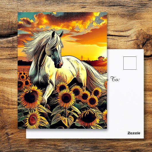 Weißes Pferd im Feld der Sonnenblumen bei Sonnenun Postkarte