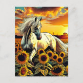 Weißes Pferd im Feld der Sonnenblumen bei Sonnenun Postkarte (Vorderseite)