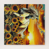 Weißes Pferd im Feld der Sonnenblumen bei Sonnenun Puzzle (Horizontal)