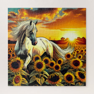 Weißes Pferd im Feld der Sonnenblumen bei Sonnenun Puzzle