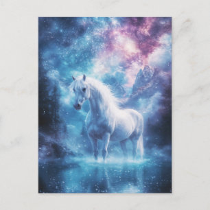 Weißes Pferd im Galaxiensee mit nebliger Nachtkuli Postkarte