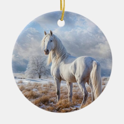 Weißes Pferd im Schnee Weihnachtsfeiertag Keramik Ornament (Vorne)