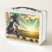 Weißes Pferd im Sonnenblumenfeld Personalisiert Metall Brotdose (Rückseite)