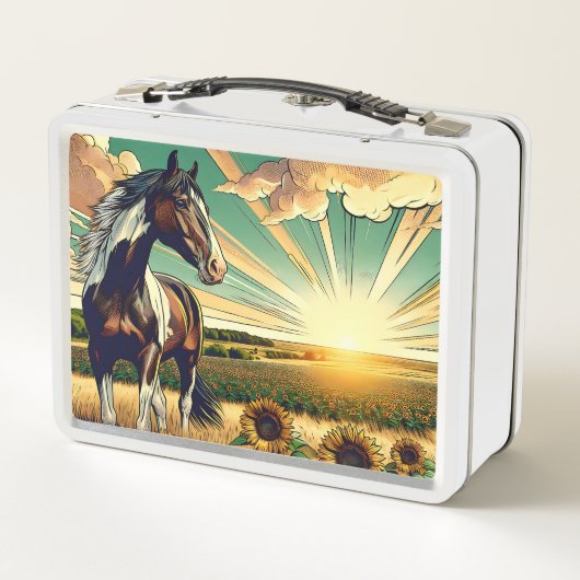 Weißes Pferd im Sonnenblumenfeld Personalisiert Metall Brotdose (Rückseite)