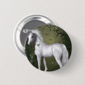 Weißes Pferd im Wald mit Vögeln Button (Vorne & Hinten)