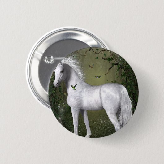 Weißes Pferd im Wald mit Vögeln Button (Vorne & Hinten)