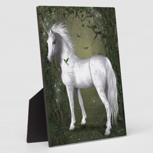 Weißes Pferd im Wald mit Vögeln Fotoplatte (Seite)