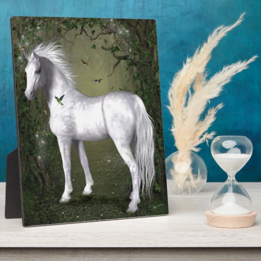 Weißes Pferd im Wald mit Vögeln Fotoplatte (Seite)