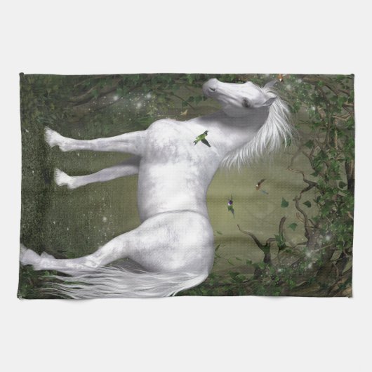 Weißes Pferd im Wald mit Vögeln Geschirrtuch (Horizontal)