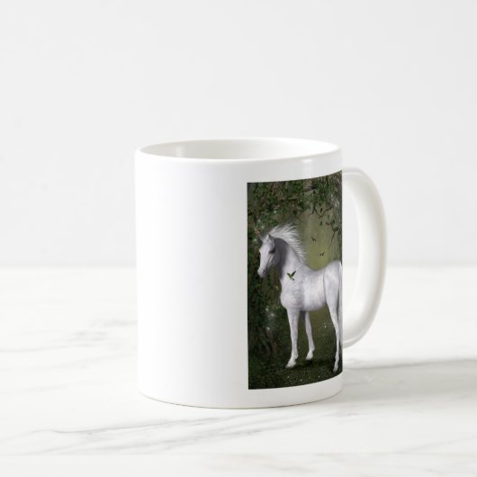 Weißes Pferd im Wald mit Vögeln Kaffeetasse (VorderseiteRechts)