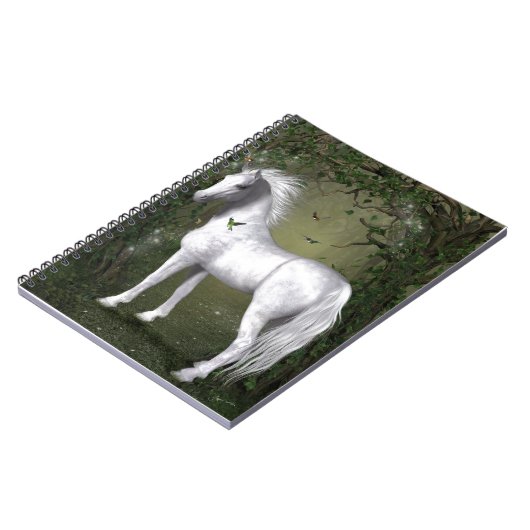 Weißes Pferd im Wald mit Vögeln Notizblock (Linke Seite)