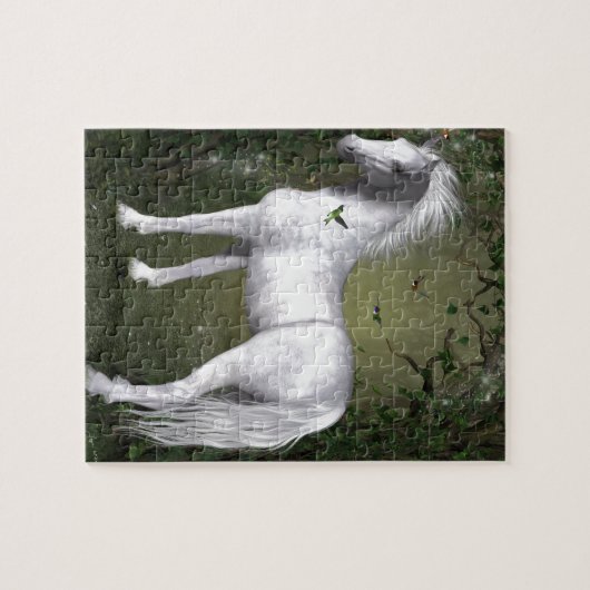 Weißes Pferd im Wald mit Vögeln Puzzle (Horizontal)