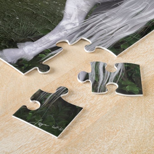 Weißes Pferd im Wald mit Vögeln Puzzle (Seite)