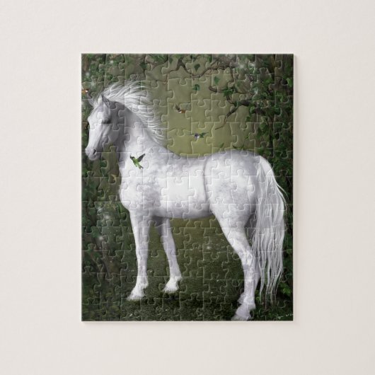 Weißes Pferd im Wald mit Vögeln Puzzle (Vertikal)