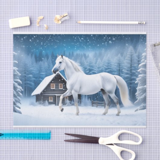 Weißes Pferd im Winterwald Seidenpapier (Handwerk)