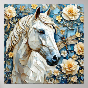 Weißes Pferd in blühenden Blumen Elegante Natur Poster