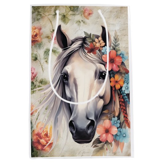 Weißes Pferd in Blumen. Mittlere Geschenktüte (Vorderseite)