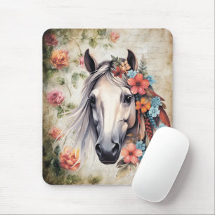 Weißes Pferd in Blumen. Mousepad