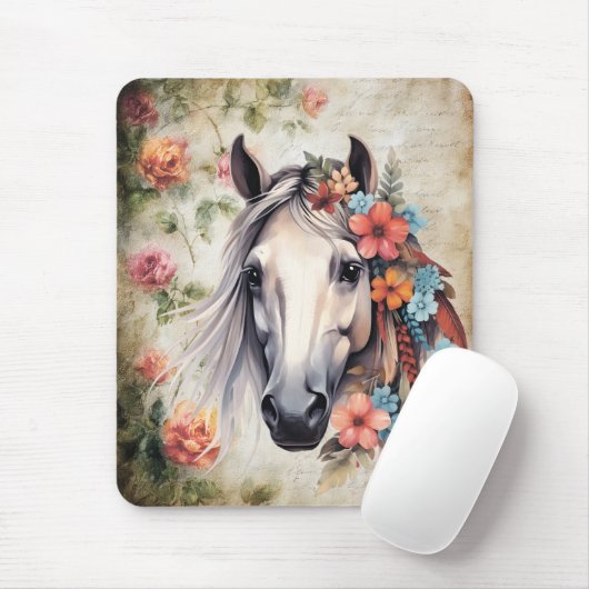Weißes Pferd in Blumen. Mousepad (Mit Mouse)