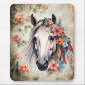 Weißes Pferd in Blumen. Mousepad (Vorne)