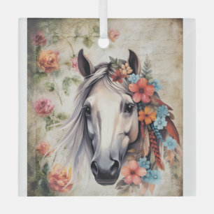 Weißes Pferd in Blumen. Ornament Aus Glas